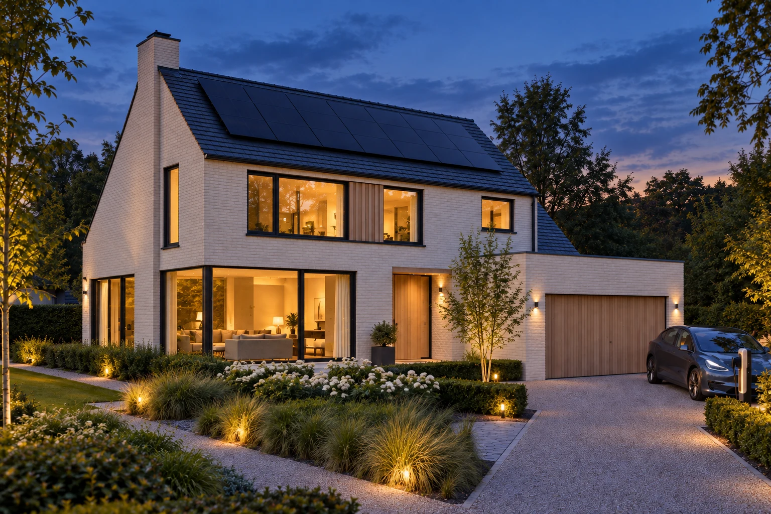 La même maison au crépuscule, éclairée, avec voiture branchée — visualisation d’illustration